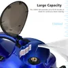 A close-up view of a blue steam cleaner being filled with water from a funnel. Voir les images du produit