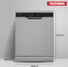 A silver freestanding dishwasher with a black control panel, shown against a light gray and white background. Dimensions are indicated. Produktbild-Vorschau
