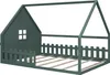 A green wooden house-shaped bed frame with a picket fence detail and a slatted base, shown against a white background. Anteprima dell’immagine prodotto