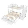 A white bunk bed with stairs, storage drawers, and a pull-out trundle bed, all made of wood. Podgląd zdjęcia produktu