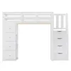 A white loft bed with integrated storage drawers and stairs, shown against a white background. Produktbild-Vorschau