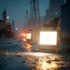 Construction site at night with floodlights illuminating the wet ground. Anteprima dell’immagine prodotto