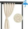 A beige curtain hanging from a dark gray frame, with a close-up of fabric with water droplets and an umbrella icon indicating waterproofing. Voir les images du produit