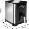 A silver and black air fryer with a digital display and dimensions indicated by arrows and text. Produktbild-Vorschau