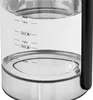A close-up view of the lower portion of a glass electric kettle, showing water level markings and a logo. Náhled obrázku produktu
