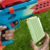 A close-up shot of two hands holding a Nerf Fortnite Storm Scout blaster and a magazine, with a grassy background. Produktbild-Vorschau