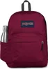 A burgundy JanSport backpack with a silver water bottle in the side pocket. Náhľad obrázku produktu