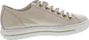 A side view of a beige leather sneaker with white laces and a white sole. Produktbild-Vorschau