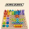 A wooden educational toy with numbers, shapes, and beads arranged on a pegboard. Produktbild-Vorschau
