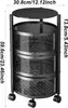 A black three-tiered rolling cart with a round top shelf, shown from a slightly elevated front-diagonal angle against a white background. Dimensions are indicated with text overlays. Produktbild-Vorschau