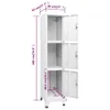 A white metal locker with three compartments, showing dimensions and measurements. Produktbild-Vorschau
