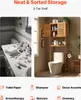 A split image showing a messy bathroom counter on the left and a neat bathroom storage unit over a toilet on the right, with icons and text below. Náhled obrázku produktu