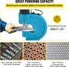 A hydraulic punching tool is shown in use, with examples of materials it can punch and its specifications. Produktbild-Vorschau