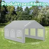 A grey party tent is set up on a grassy lawn with trees and a blue sky in the background. Dimensions are overlaid on the tent. Voir les images du produit