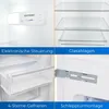 A collage of four images showing different features of a refrigerator, including the electronic control panel, glass shelves, a freezer drawer, and a mounting bracket for a sliding door. Produktbild-Vorschau