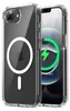 A clear protective case for an iPhone with MagSafe compatibility is shown, with the iPhone inside displaying a charging animation. Produktbild-Vorschau