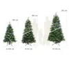 Three artificial Christmas trees of different sizes are shown with silhouettes of people to indicate scale. Dimensions are provided for height and diameter. Produktbild-Vorschau