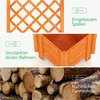 A collage of three images showcasing features of a wooden planter box with a trellis. The top image shows a close-up of the trellis. The middle image shows a close-up of the reinforced frame of the planter box. The bottom image shows a pile of logs, repres Podgląd zdjęcia produktu