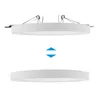 A top view and a bottom view of a white LED panel light, separated by a blue arrow icon indicating up and down movement. Produktbild-Vorschau