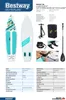 A collage of images showing a stand-up paddleboard set, including the board, paddle, pump, bag, and accessories, along with a detail shot of the ankle strap. Text provides product specifications and branding. Produktbild-Vorschau