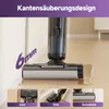 A wet dry vacuum cleaner is shown cleaning near a wall baseboard, with close-up insets demonstrating its edge cleaning capabilities. Produktbild-Vorschau
