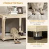 A pug dog is shown interacting with a wooden dog crate, with close-ups of its features. Náhled obrázku produktu