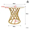 A diagram showing the dimensions of a round dining table with a marble-effect top and a gold metal base. Voir les images du produit