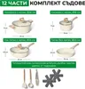 A collage of cookware items with dimensions and labels. Produktbild-Vorschau