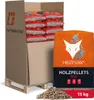 A pallet of bagged wood pellets with a single bag in the foreground. Produktbild-Vorschau