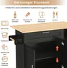 A close-up view of a black kitchen island with a wooden countertop, showcasing its storage features and labeled icons indicating different storage possibilities. Náhled obrázku produktu