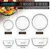 A product image showcasing a set of three glass salad bowls with their lids, along with a close-up of fruit salad in one of the bowls. The image also includes diagrams indicating the dimensions and capacities of the bowls. Náhled obrázku produktu