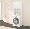 A white washing machine cabinet with a washing machine and towels inside, in a bathroom setting. Produktbild-Vorschau