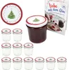 A set of 12 glass jars with lids, a single jar filled with jam, and a recipe book, all with a Christmas theme. Produktbild-Vorschau