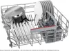 A dishwasher rack filled with dishes, cutlery, and a pot. Produktbild-Vorschau
