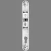 The image shows the internal mechanism of a door handle set, specifically the lock mechanism and mounting points. Produktbild-Vorschau