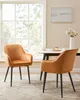 Two caramel brown velvet dining chairs with black metal legs are placed in a dining room setting, with a window and a table visible. Produktbild-Vorschau