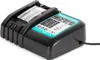 A black and green battery charger with a transparent cover for the battery compartment, set against a white background. Produktbild-Vorschau