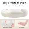 A close-up view of a thick cushion, with inset images showing its internal filling and texture. Voir les images du produit
