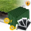 A stack of green hexagonal grid mats for ground reinforcement, with some black stakes packaged in plastic bags in the foreground. A patch of grass with a hexagonal grid overlay is visible in the background. Produktbild-Vorschau