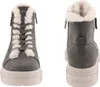 A pair of grey winter boots with cream-colored fur trim and laces, shown from the front and side. Produktbild-Vorschau
