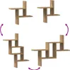 A collage of four images showing a wooden shelf in different orientations and configurations, with purple arrows indicating rotation. Anteprima dell’immagine prodotto