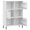 A white bookshelf with open doors and shelves, standing on black metal legs. Produktbild-Vorschau