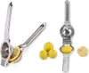A collage of two stainless steel manual citrus juicers, one in use with a lemon slice, and several lemons and a halved lemon placed around them. Produktbild-Vorschau