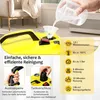 A person is pouring water into a yellow steam cleaner, with feature callouts and descriptions. Produktbild-Vorschau
