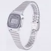 A silver Casio digital watch is displayed on a clear stand against a white background. Podgląd zdjęcia produktu