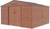 A wooden-style metal shed with double doors and a sloped roof, presented on a white background. Náhľad obrázku produktu