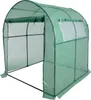 A green arched greenhouse with a metal frame, shown from the front with the entrance open. Produktbild-Vorschau