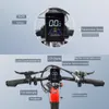 Close-up view of an electric bicycle's handlebars and display screen, with labels pointing out various features. Produktbild-Vorschau