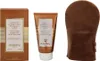 A box, a tube of cream, and a tanning mitt are arranged side-by-side on a white background. Produktbild-Vorschau