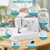 A sewing machine is shown with various features highlighted by callout circles and text. Produktbild-Vorschau